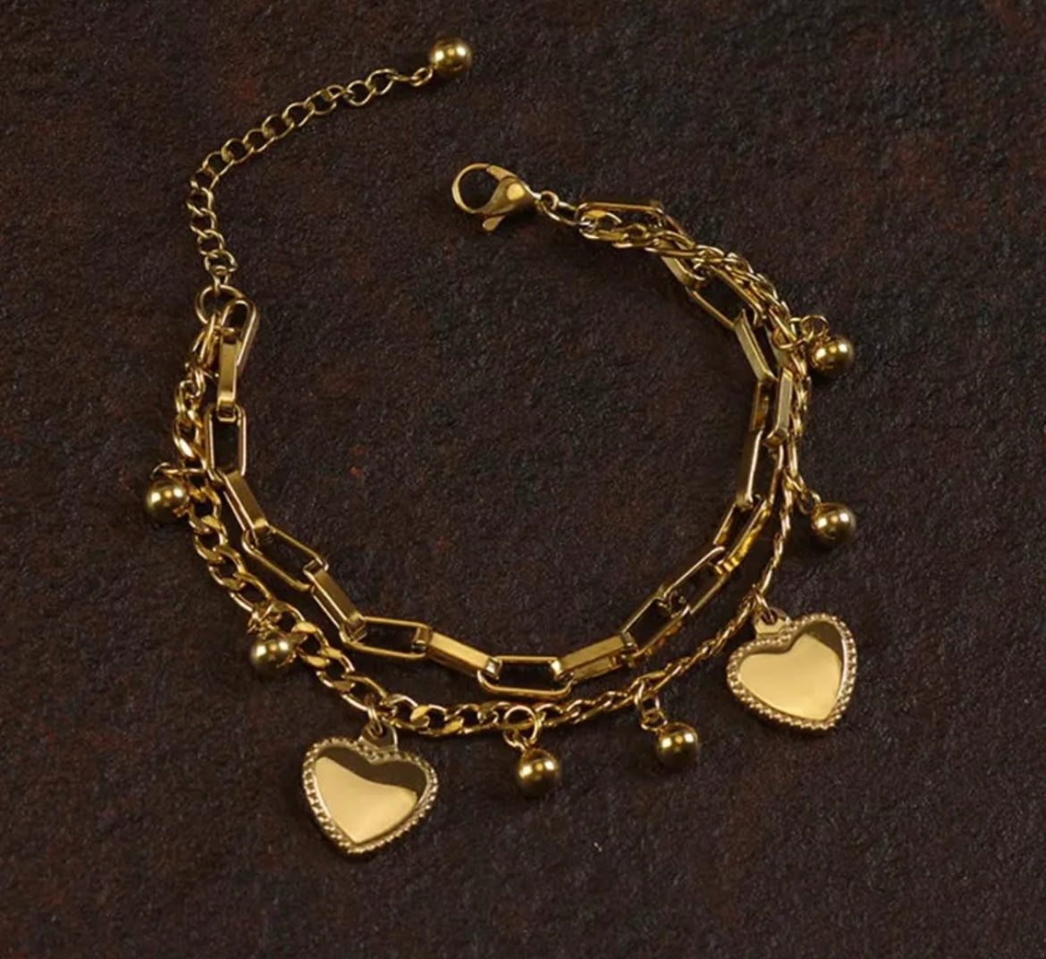 Anti-Tarnish Heart Charm Duo Bracelet