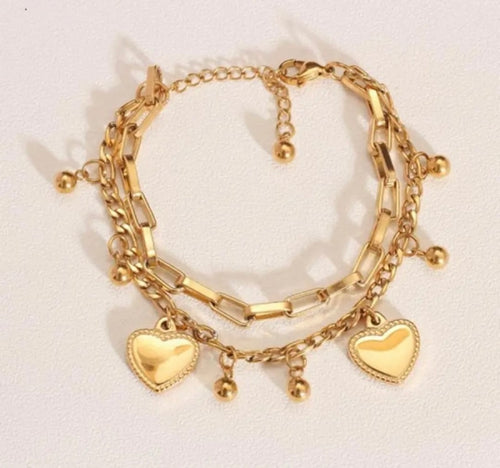 Anti-Tarnish Heart Charm Duo Bracelet