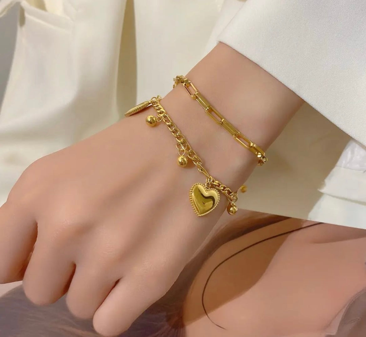 Anti-Tarnish Heart Charm Duo Bracelet